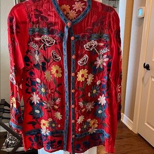 Johnny Was Red Floral Embroidered Top